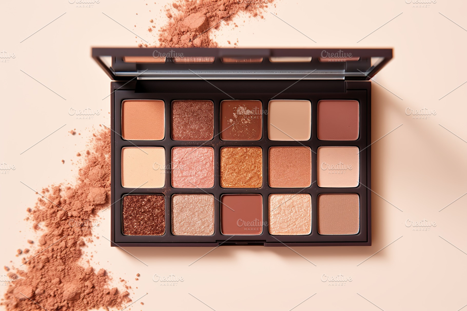 Makeup eyeshadow palette with mirror on beige background. Cosmetic products, a Beauty & Fashion Photo by AlyaAnd