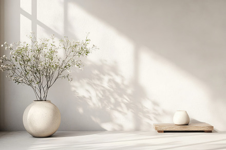 White flowers in a beige vase minima, a Background Photo by Pixeness