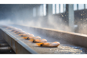 Close-up of shrimp on a conveyor, an Industrial Photo by Igor Tichonow
