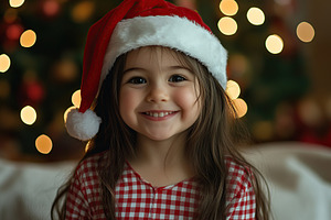 Smiling child girl in checkered pajamas and red santa hat on blurred fir tree l, a Photo by AlyaAnd