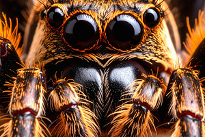 Tarantula macro portrait showing eyes and hairy orange legs, an Animal Photo by GoodGoods