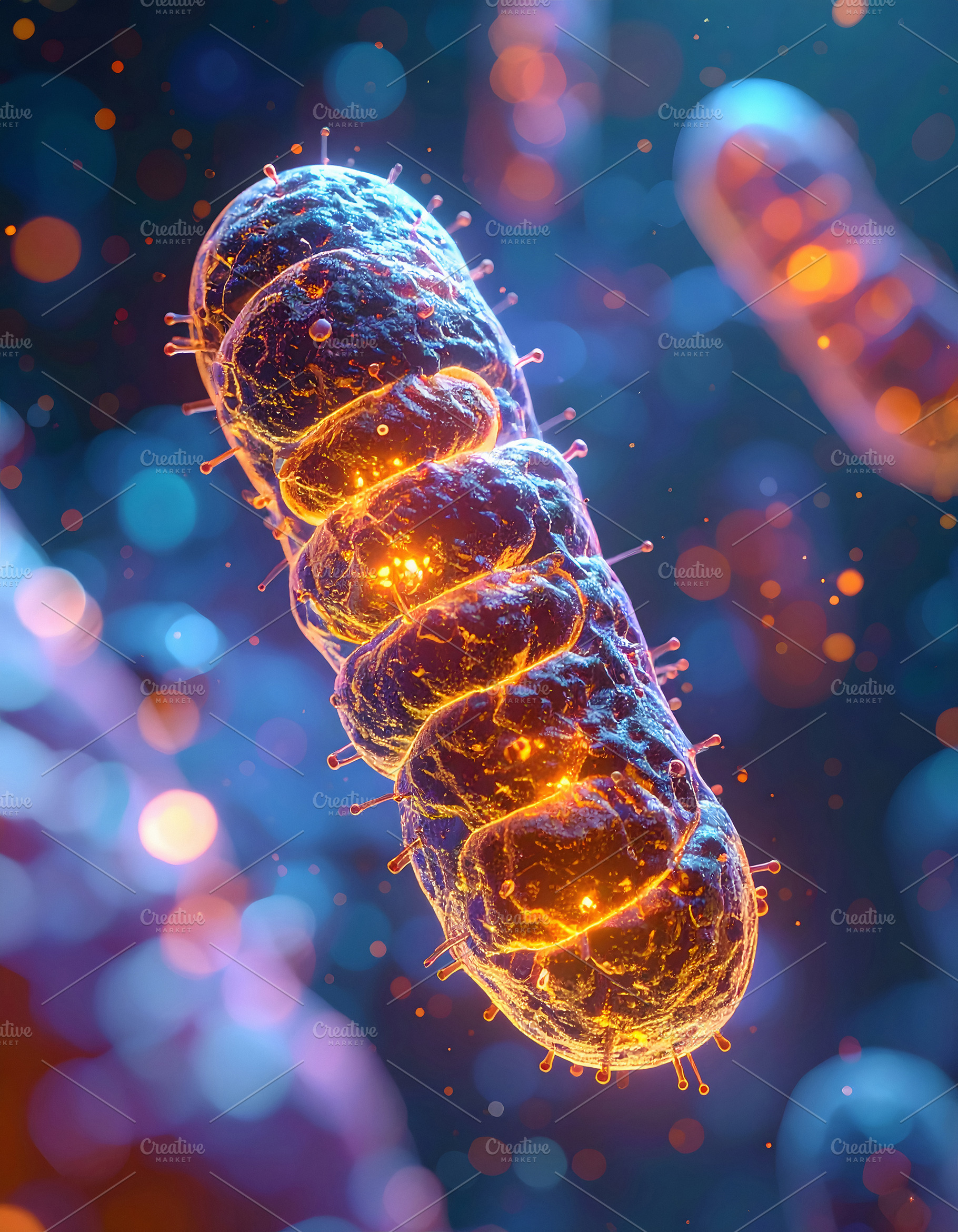 Glowing mitochondria structure with illuminated internal folds, a Health & Medical Photo by GoodGoods