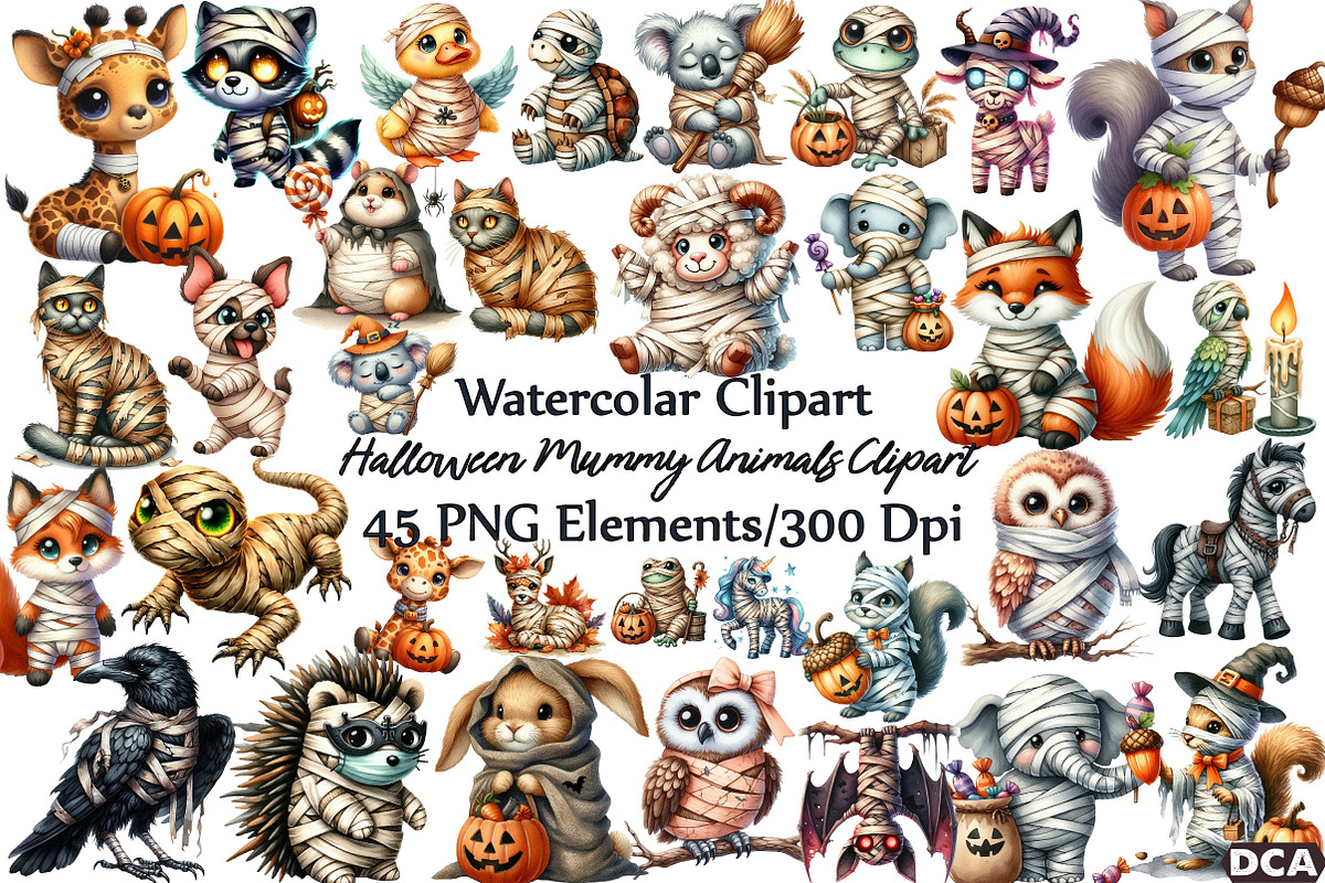 Halloween Mummy Animals Clipart, an Illustration by DreamCafeArt (Photo 1 of 7)