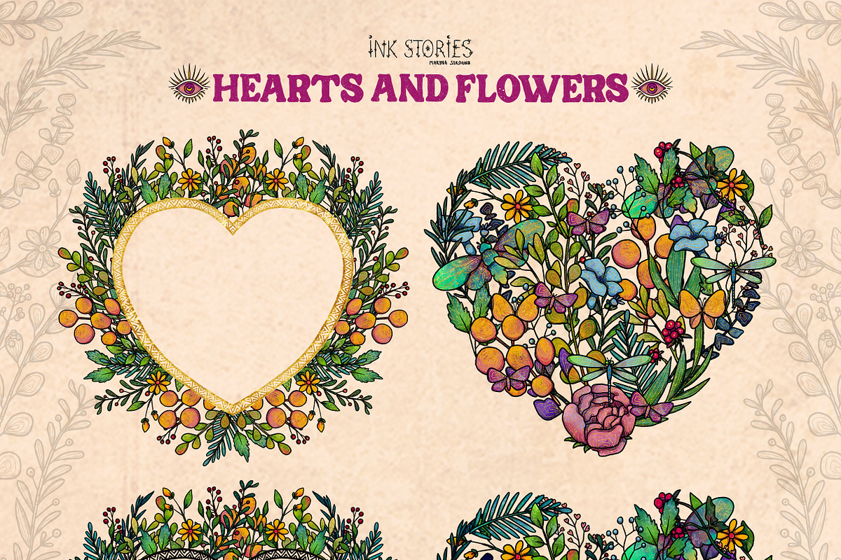 Hearts and Flowers Boho Vintage Set, a Decorative Illustration by Ink Stories (Photo 7 of 24)