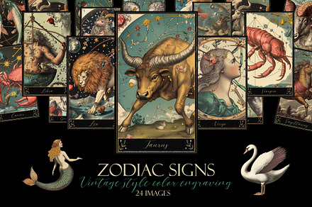 Zodiac signs. Vintage engraving, a Decorative Illustration by Chikovnaya