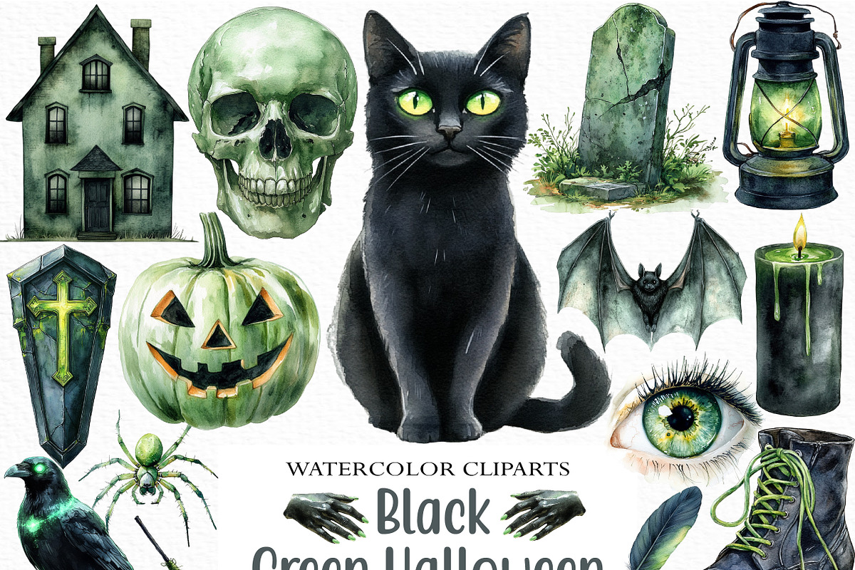 Black Green Halloween Clipart Bundle, an Illustration by Craft Nest (Photo 1 of 6)
