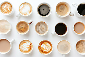 Flat lay of different cups of coffee on white background, a Food & Drink Photo by AlyaAnd