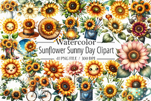 Watercolor Sunflower Sunny Day Clipa, an Illustration by Libby Wishes