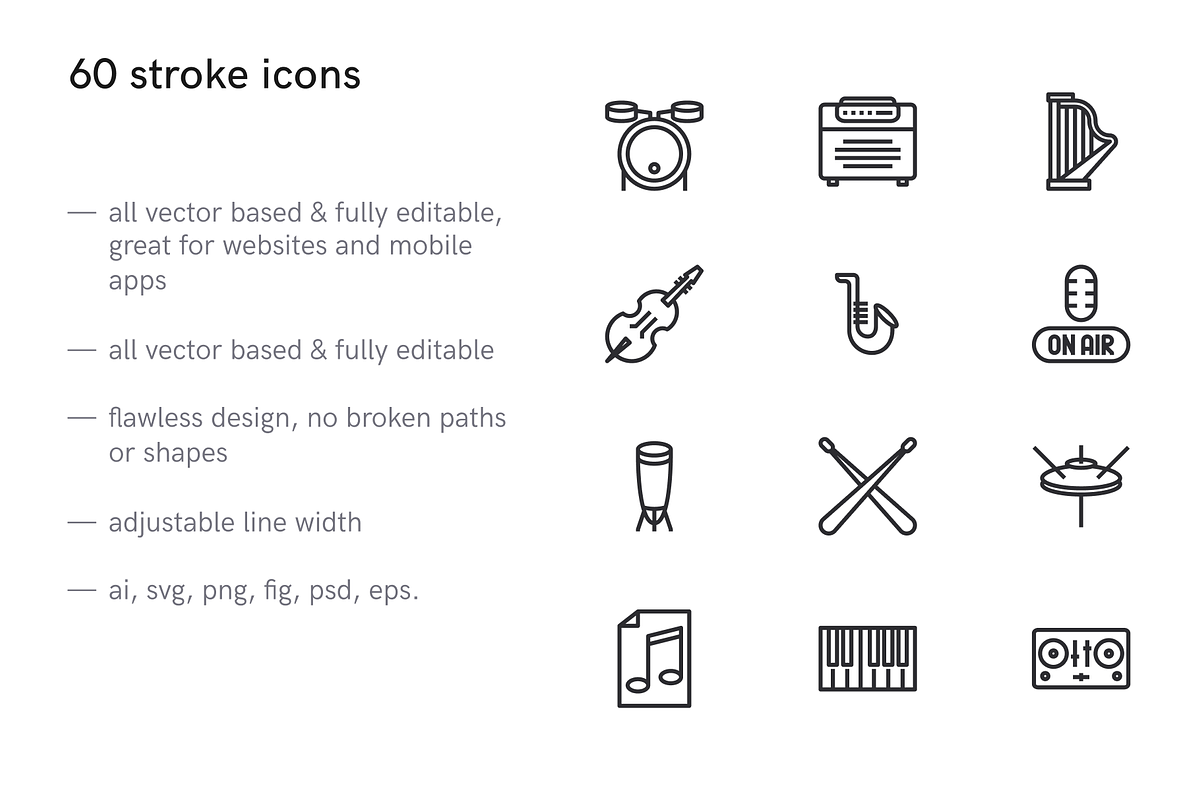 Music and Instruments Icons, an Outline Icon by Middltone (Photo 2 of 5)