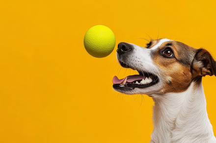 Excited Dog Watching Ball on Yellow Banner, an Abstract Photo by Natalia Klenova's Shop