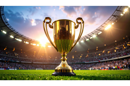 Golden trophy placed on a soccer