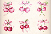 Watercolor Coquette Cherries Bow Cli, an Illustration by CreationArt (Thumbnail 4 of 5)