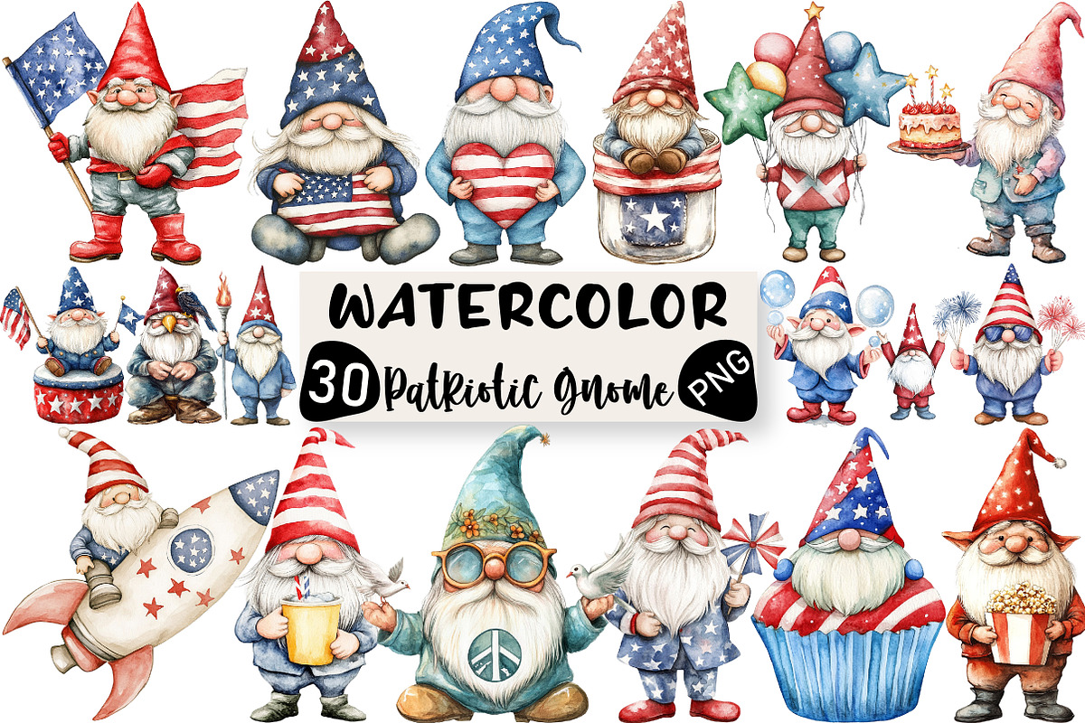Watercolor Patriotic Gnome Clipart, an Illustration by Black Bird Studio (Photo 1 of 6)