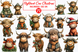 Highland Cow Christmas Clipart, an Illustration by Watercolor design