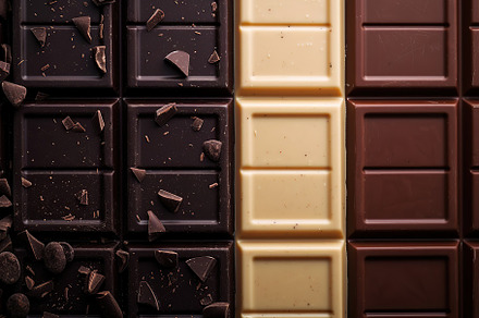 Background of milk, white and black chocolate bars, a Food & Drink Photo by AlyaAnd