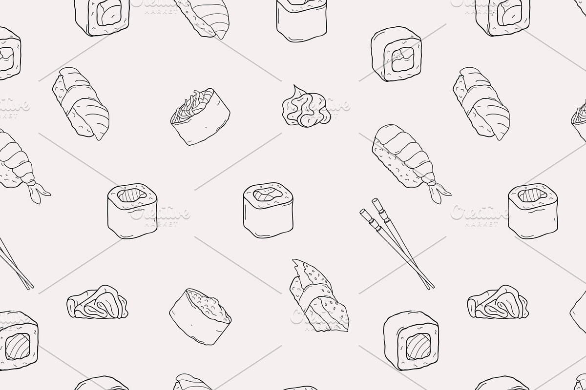Set and seamless pattern of sushi, a Decorative Illustration by Good Studio