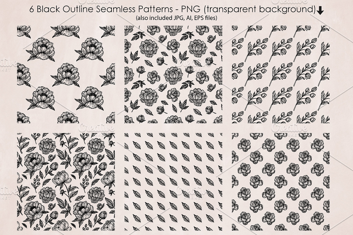 Black Outline Peony Flowers Set, an Illustration by ArtIrisArt (Photo 3 of 13)