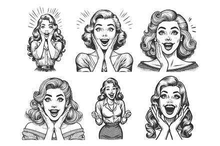 Surprised Woman engraving set vector, a Person Illustration by AlexArt