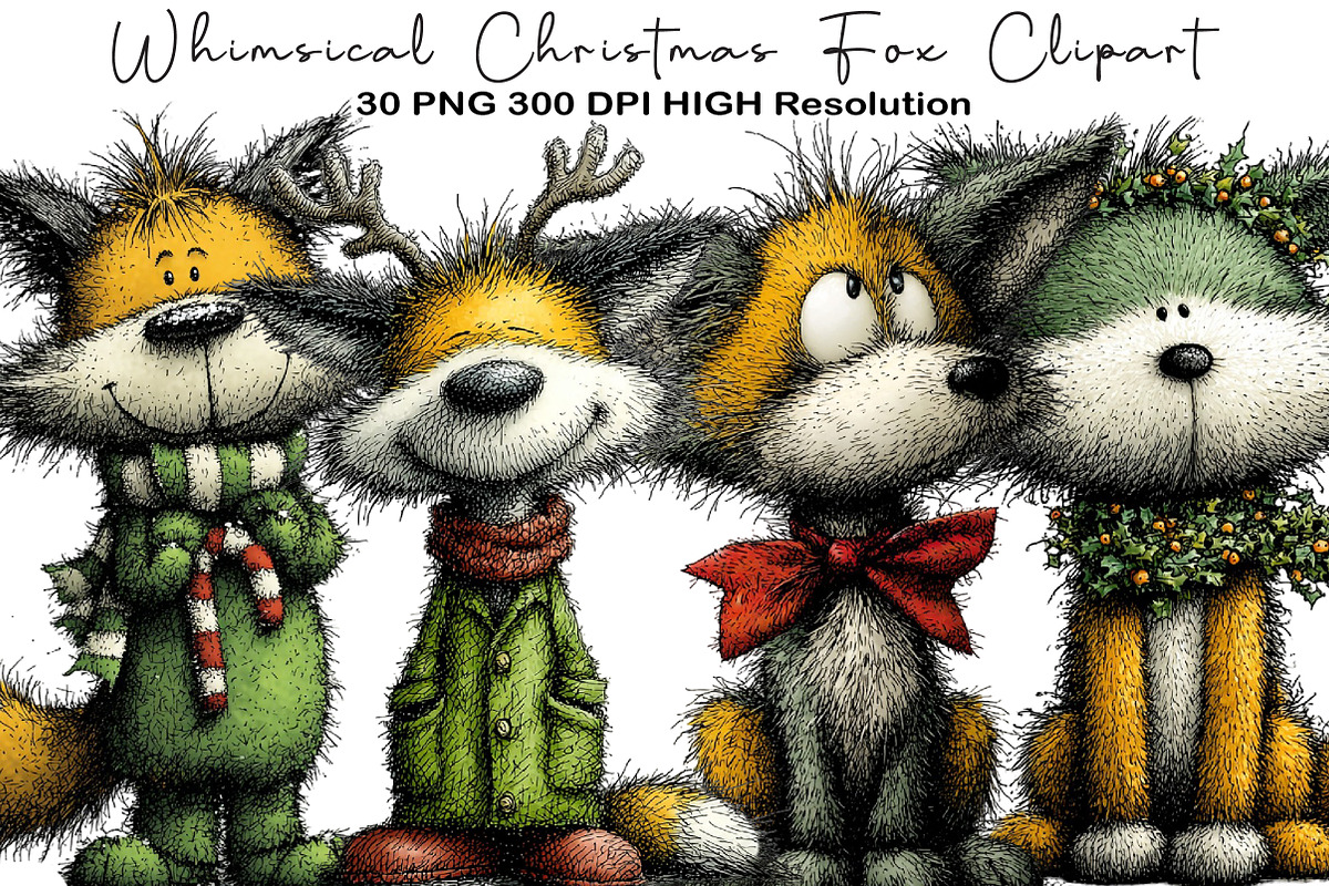 Whimsical Christmas Fox Clipart, an Illustration by Black Bird Studio (Photo 1 of 6)