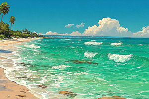 Vibrant tropical beach illustration with turquoise ocean waves p, a Person Photo by José Manuel Gelpi