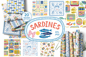 Mediterranean food Sardine patterns, a Pattern Graphic by Tani Kuzminka