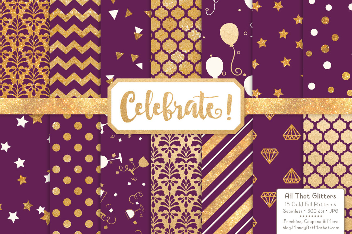 Gold Foil Digital Papers in Plum, a Pattern Graphic by Amanda Ilkov (Photo 1 of 4)