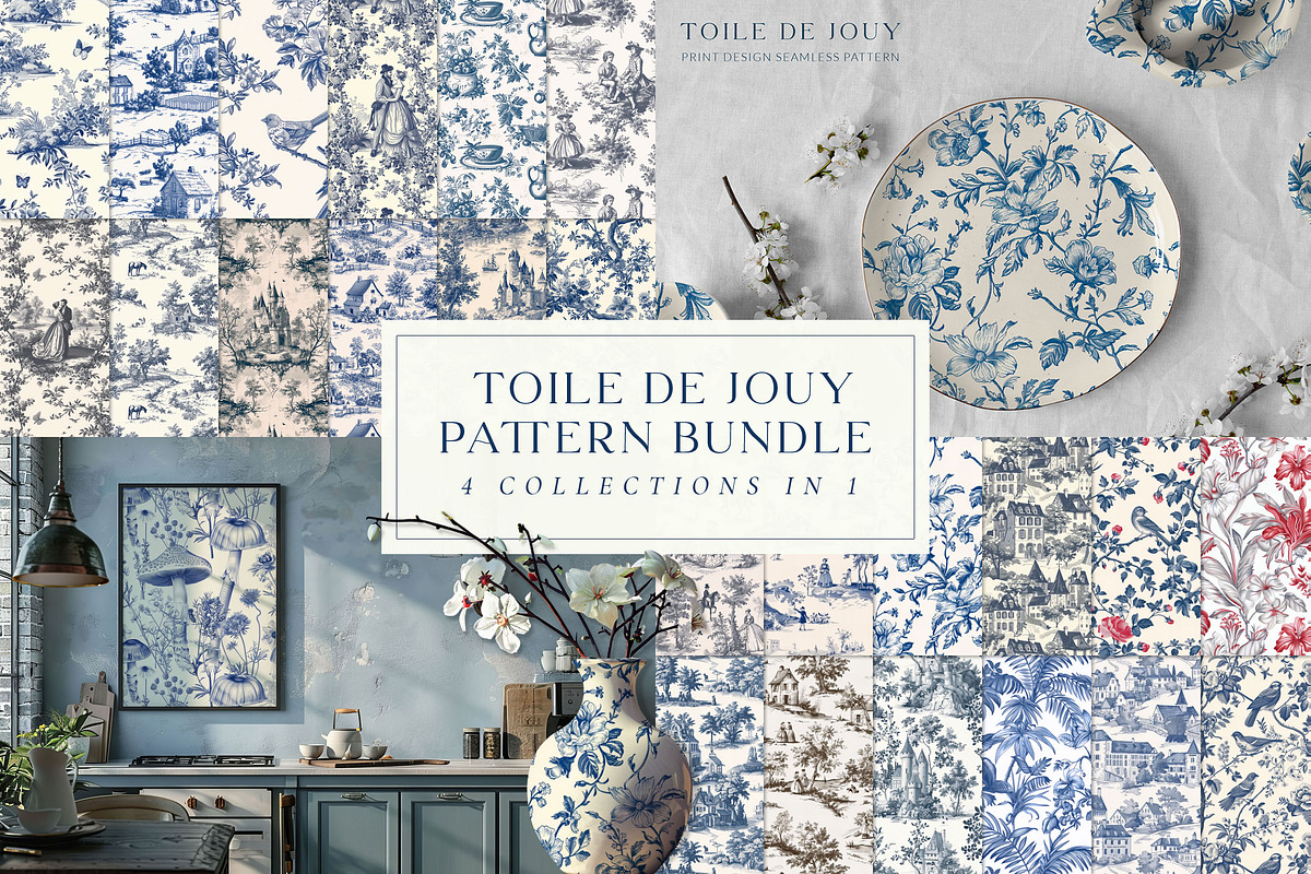 Toile Print Seamless Patterns Bundle