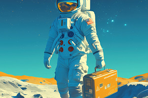 An astronaut in a white space suit stands on a lunar-like surface, holding an o, an Arts & Entertainment Photo by Textures & Backgrounds
