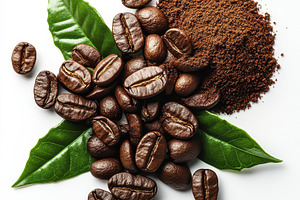 Coffee beans ground coffee and leave, a Food & Drink Photo by Pixeness Studio