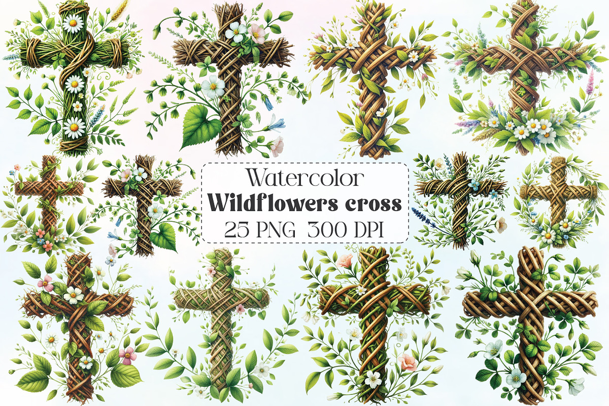 Watercolor Wildflowers Cross Clipart, an Illustration by CraftArtStudio (Photo 1 of 6)