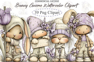 Bunny Gnome Watercolor Clipart, an Illustration by designcity5
