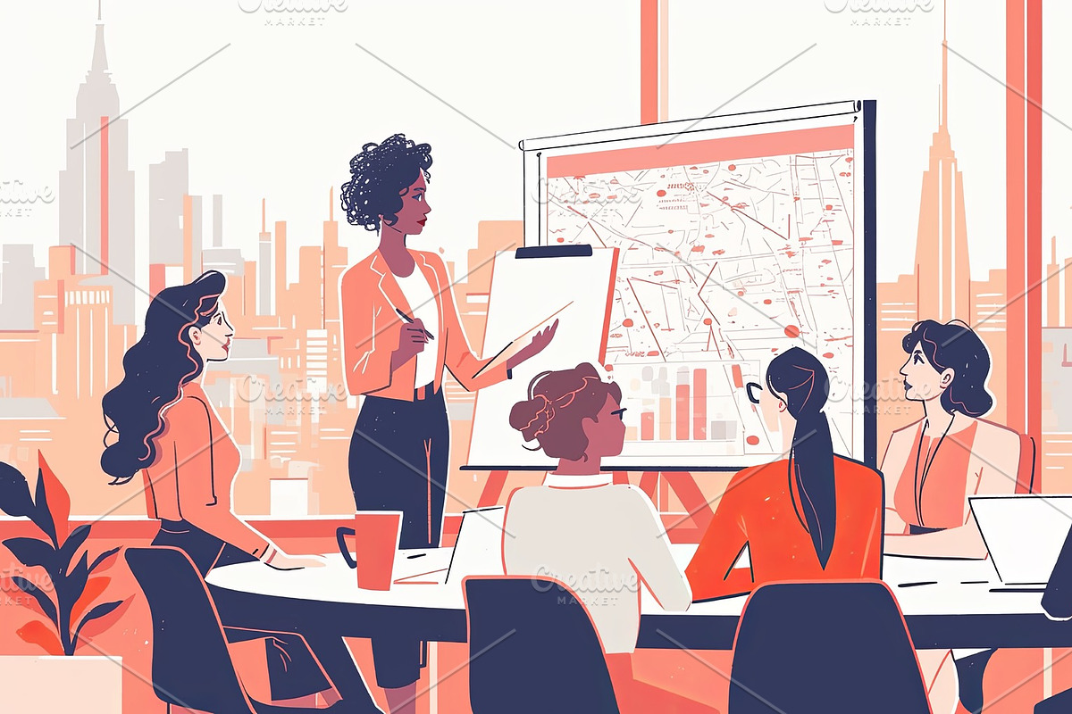 Professional female leader guiding business team during a corporate presentatio, an Illustration by AS photostudio