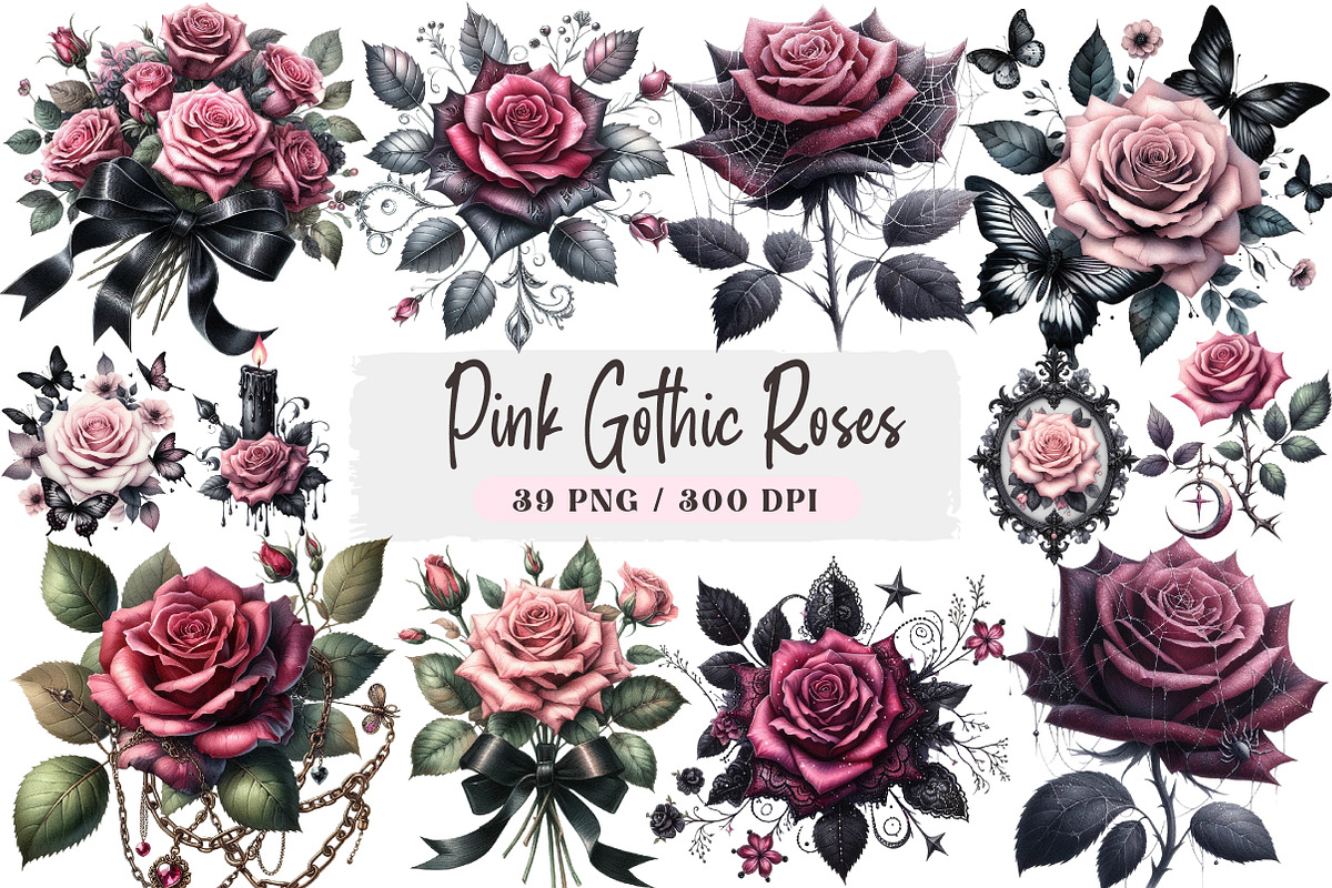 Watercolor Pink Gothic Roses, an Illustration by DreamArtGraphic (Photo 1 of 4)