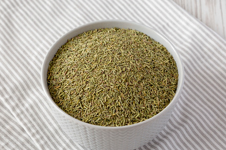 Organic Dried Rosemary in a Bowl, low angle view. Close-up., a Food & Drink Photo by LiudmylaChuhunova