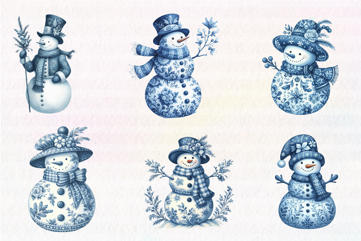 Christmas Blue Toile Snowman Clipart, an Illustration by CreationArt (Photo 5 of 6)