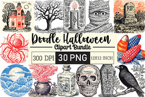 Watercolor Doodle Halloween Clipart, an Illustration by Black Bird Studio