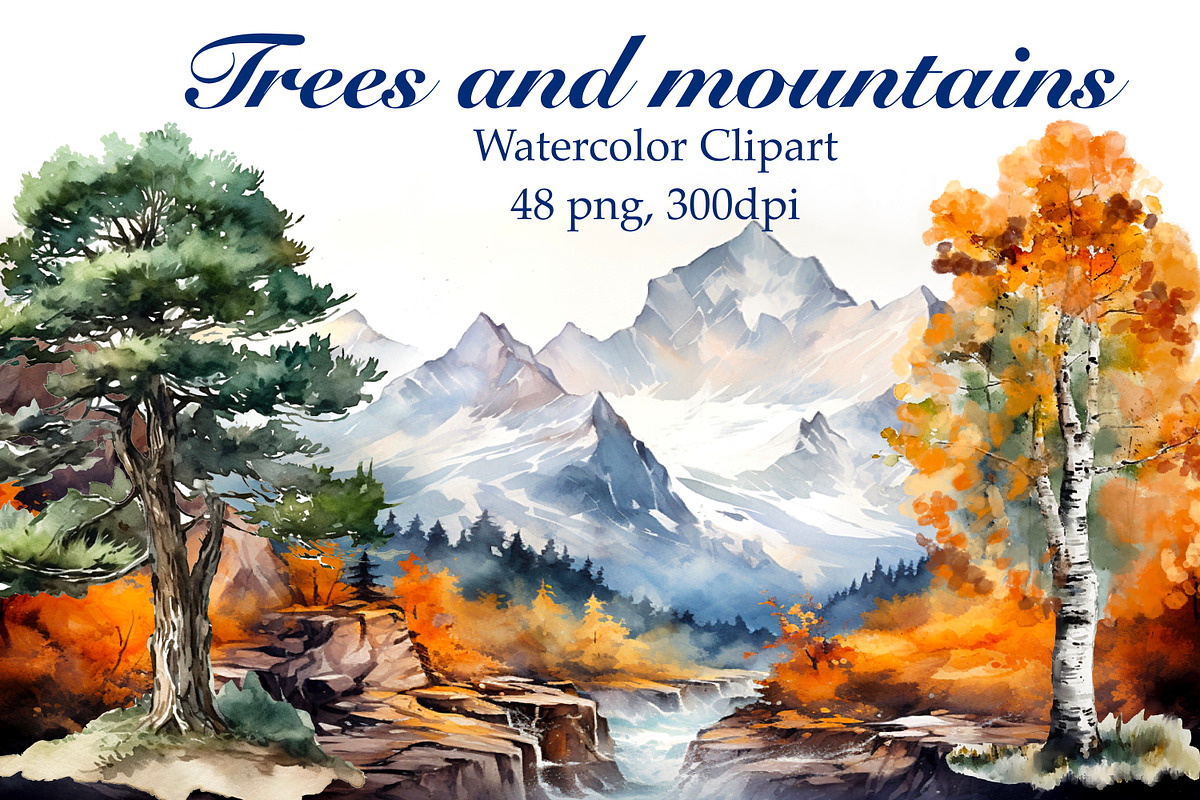 Trees and mountains,watercolor, an Object Illustration by AkvarelRiver (Photo 1 of 6)