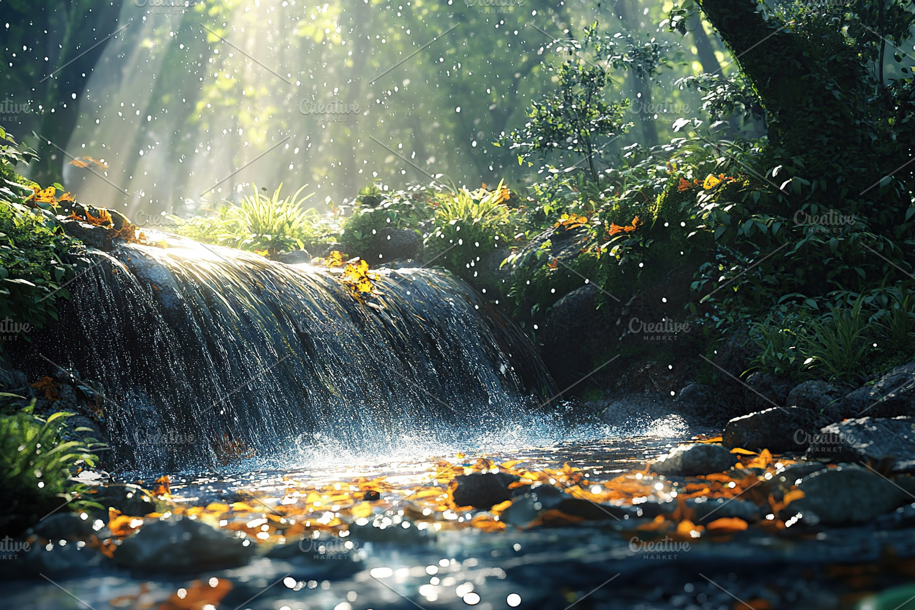 Stream of water flowing down in the forest with sun rays, a Nature Photo by AlyaAnd