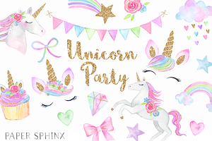 Watercolor Unicorn Party Clipart