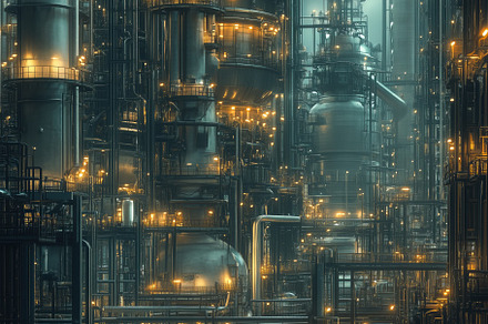 A futuristic industrial scene featuring towering structures with pipes and glow, an Industrial Photo by Textures & Backgrounds