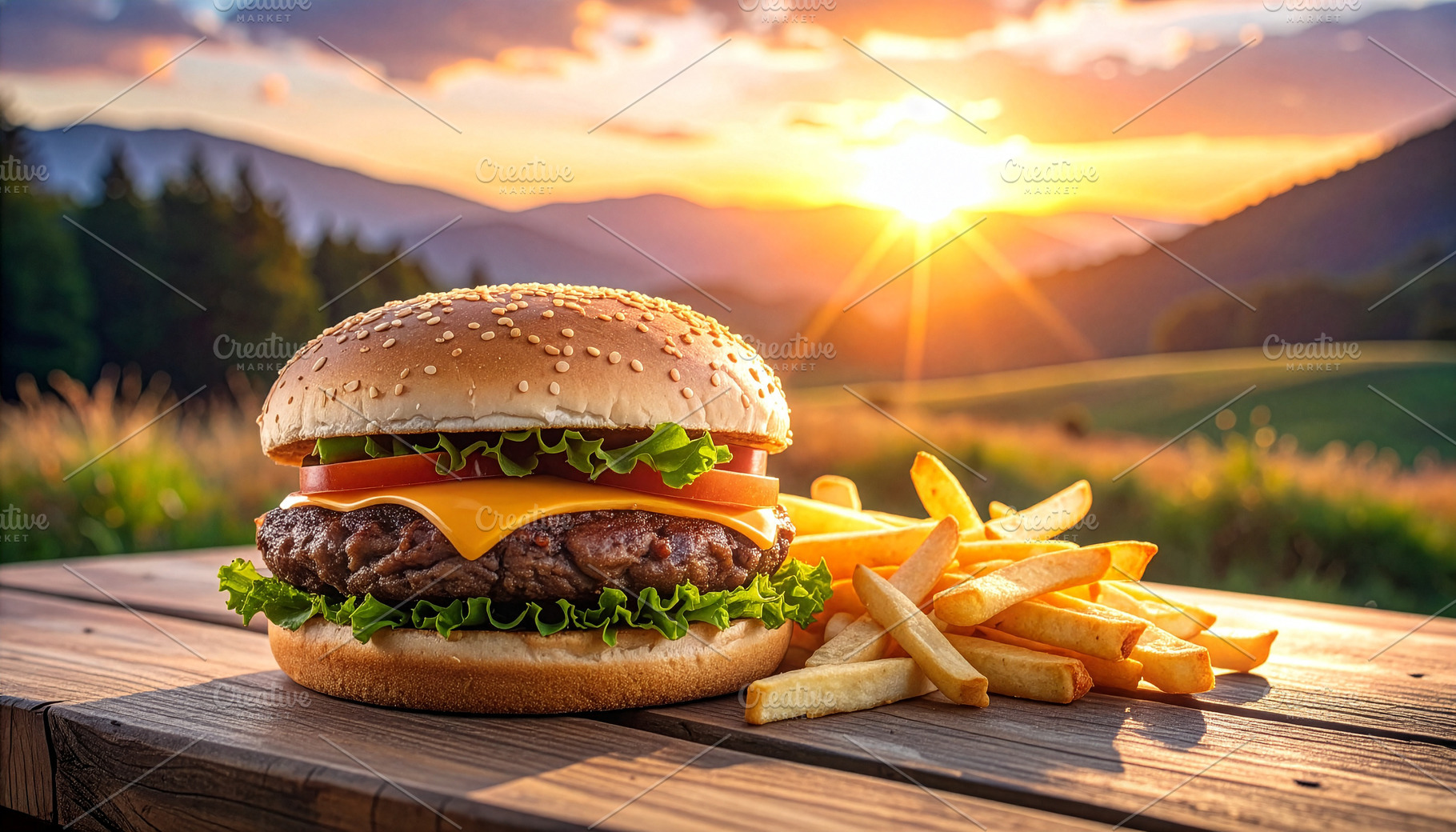 Juicy cheeseburger with melted cheese and golden fries on a rustic table in war, a Food & Drink Photo by DutchDigitalDesign