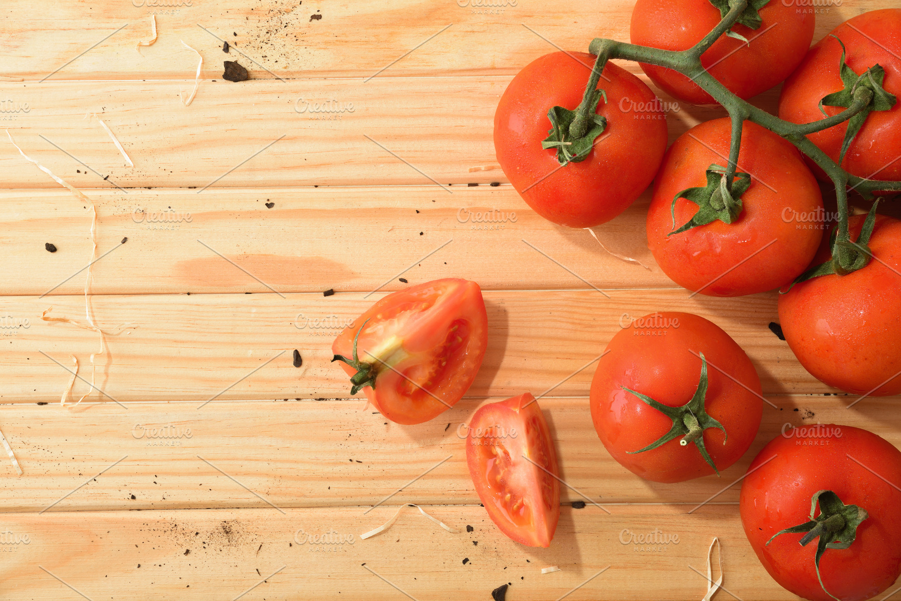 Fresh Tomatoes with Slices on Wooden Background, a Food & Drink Photo by Davizro's Market