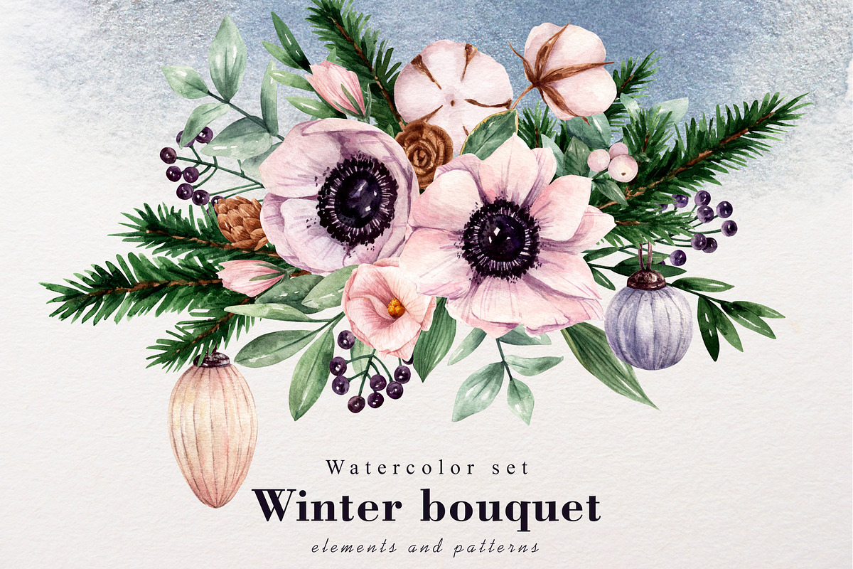 Winter flowers watercolor clipart, a Decorative Illustration by a_ptichkina (Photo 1 of 8)
