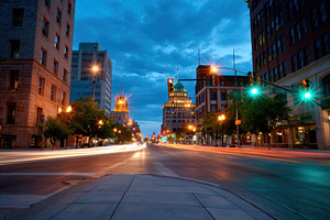 City Street at Dusk with Light Trails, an Architecture Photo by AlyaAnd