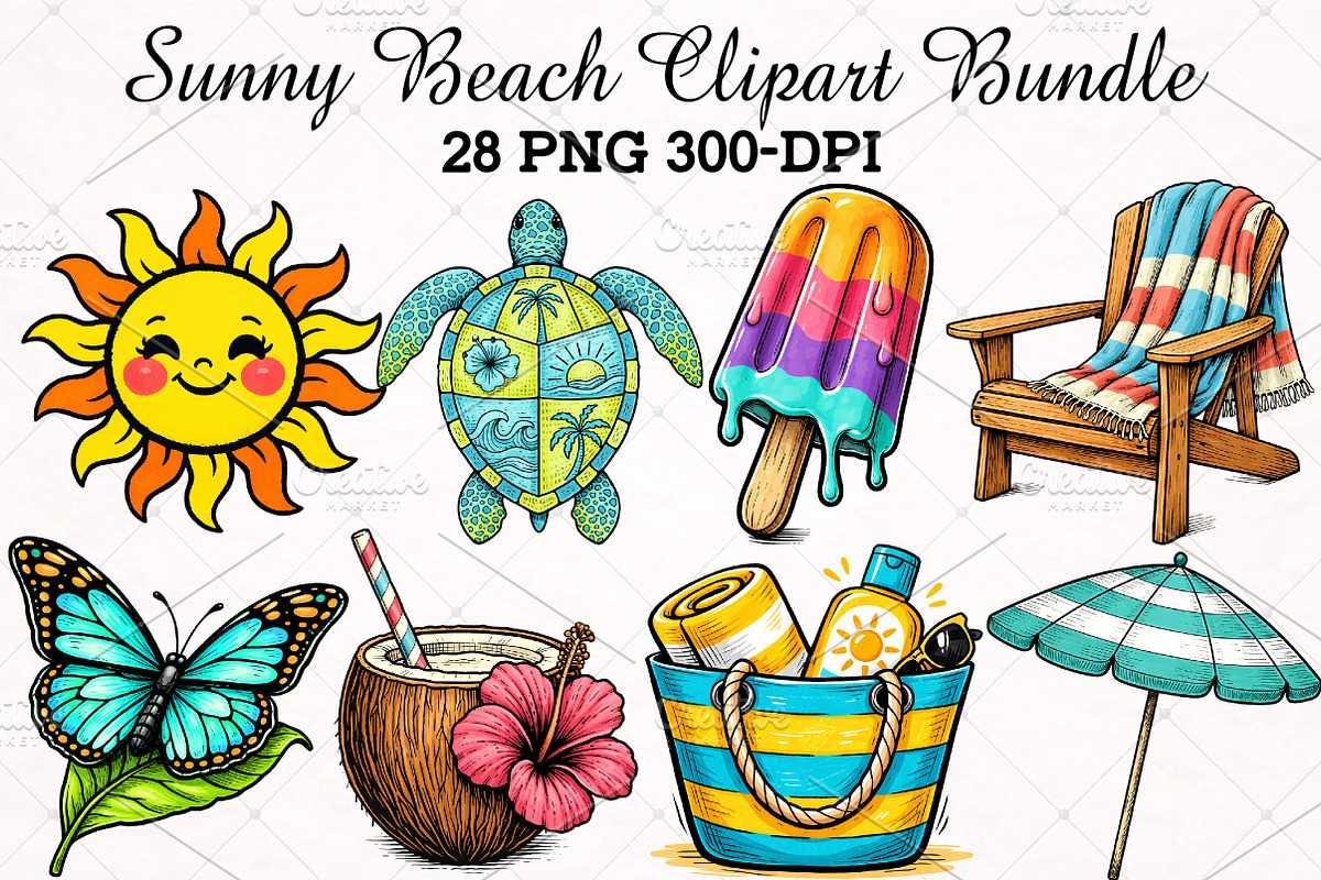 Watercolor Sunny Beach Clipart PNG, an Illustration by RobertsArt (Photo 1 of 5)