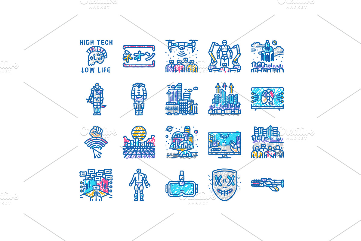 cyberpunk digital city future icons, an Object Illustration by pikepicture