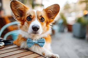 Cute corgi wearing a bow tie enjoying time at a city cafe, a Photo by AlyaAnd