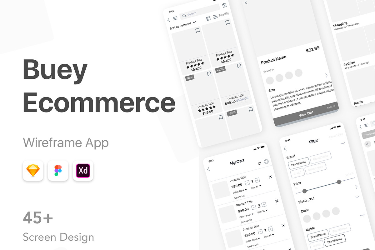 Buey E-commerce app Wireframe Kit, a Wireframe Template by Capi Product (Photo 1 of 10)