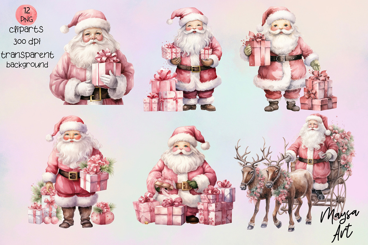 Pink Santa Watercolor Clipart Set, a Seasonal Illustration by Maysa Art (Photo 2 of 6)