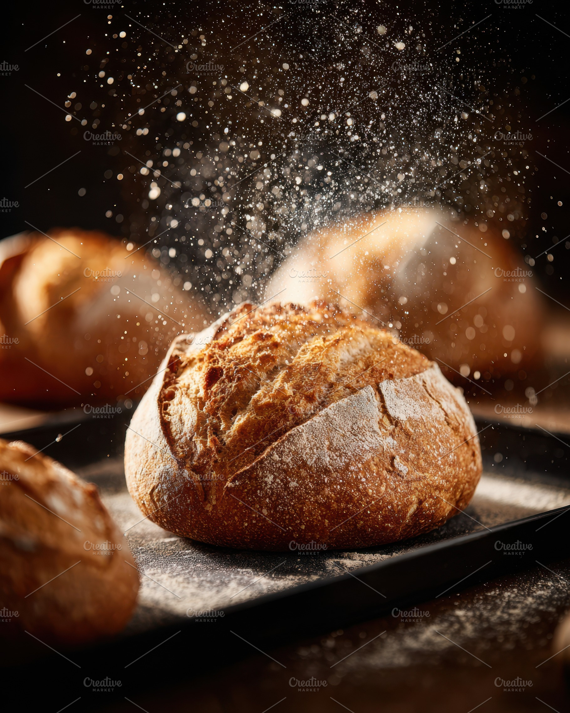 Crusty artisan bread loaf with falling flour, a Food & Drink Photo by AlyaAnd